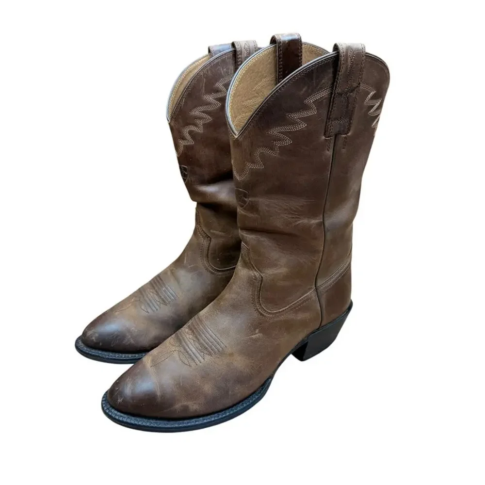Ariat Boot Mens 9D Brown Leather Almond Toe Mid-Calf Pull On Western Cushion